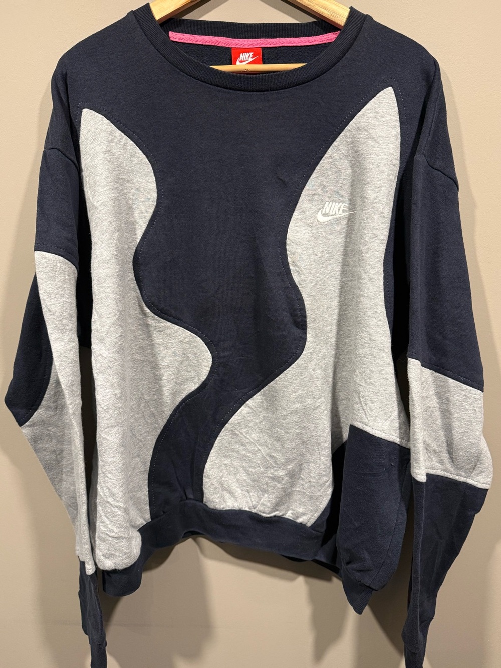 Nike inspired Men's Navy and Light Gray Colorblock retro Crewneck Sweater